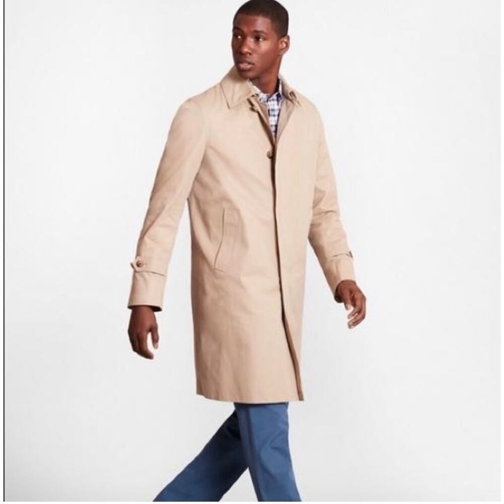 Lands’ End Men’s Beige Button Up Collared Lightweight Long Trench Rain Coat XL